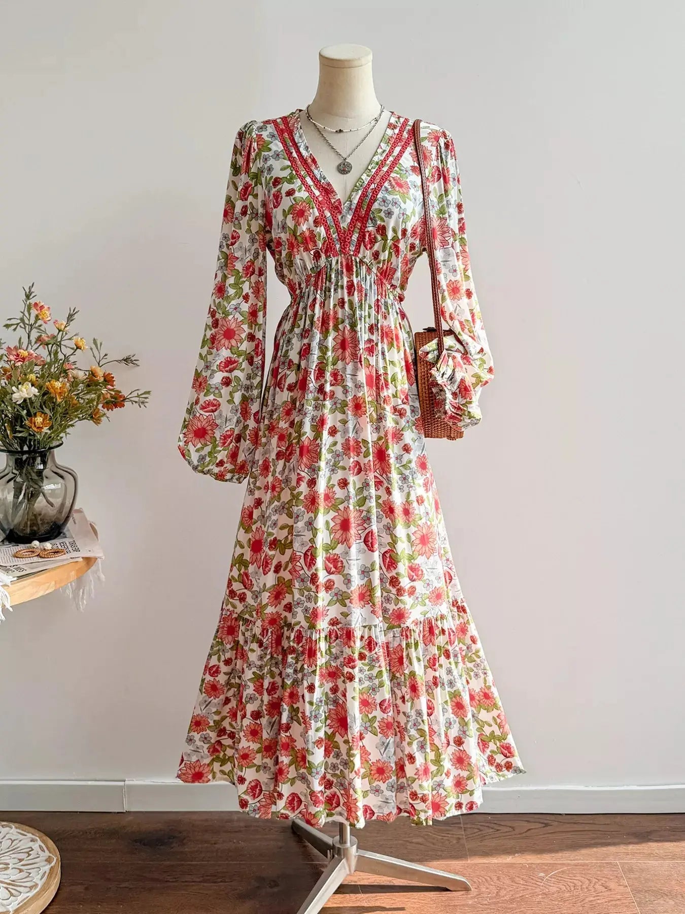Floral Print V-Neck Bohemian Midi Dress Simply Love
