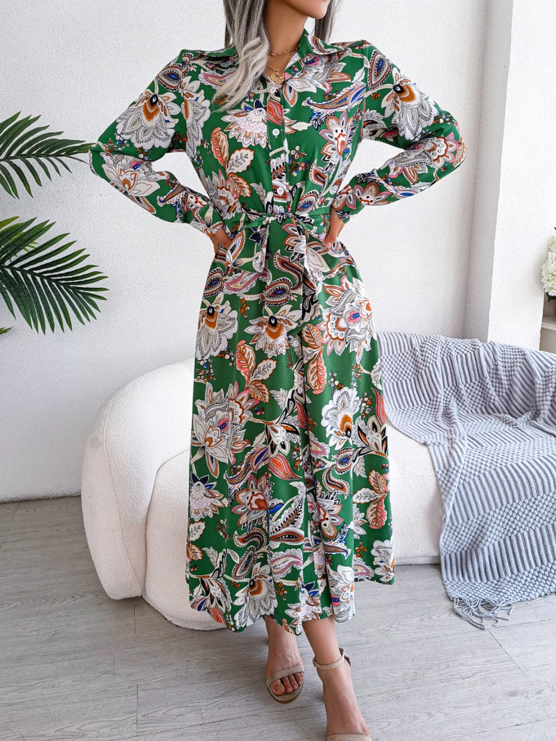 Tied Printed Long Sleeve Midi Dress.