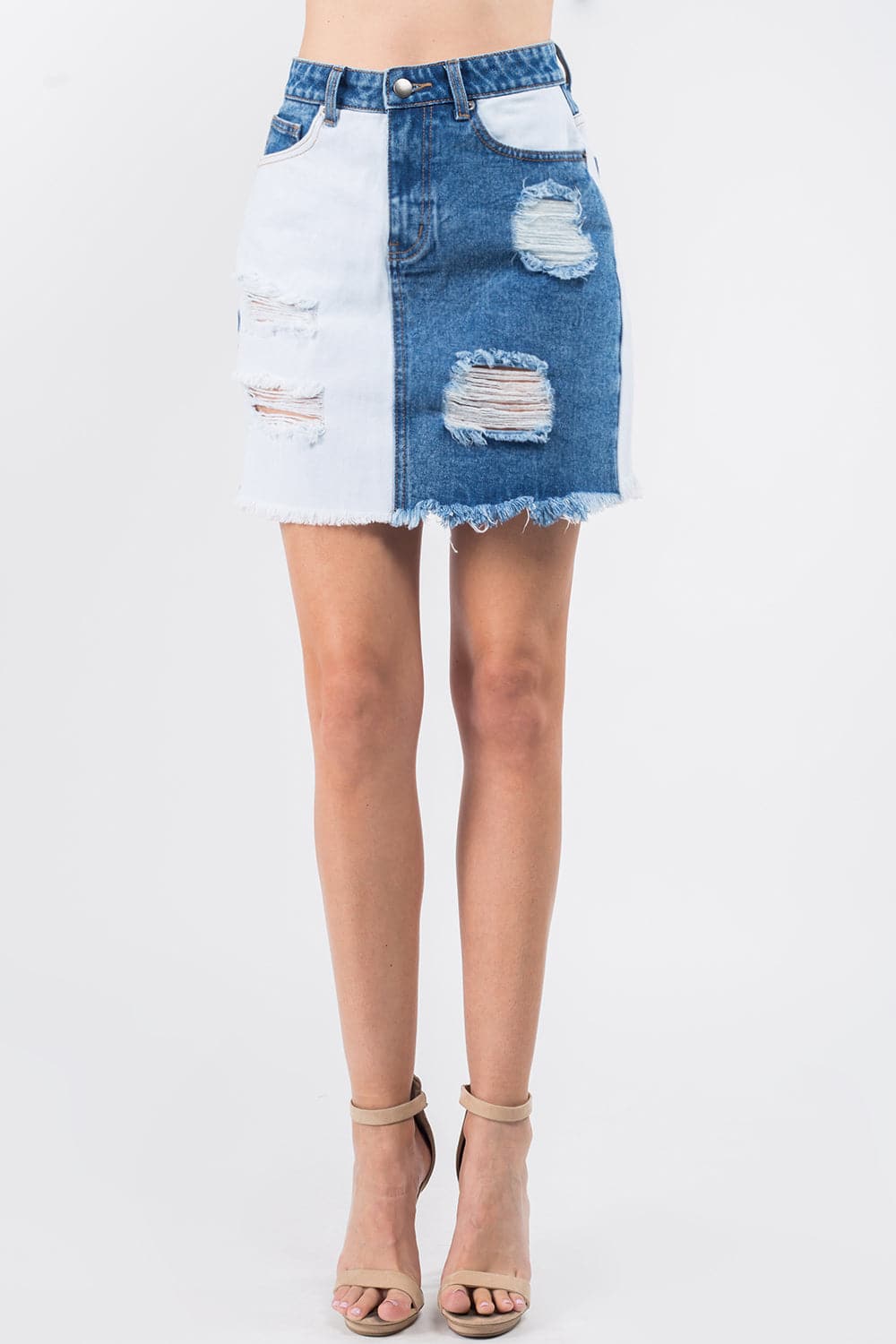 American Bazi Contrast Patched Frayed Denim Distressed Skirts.