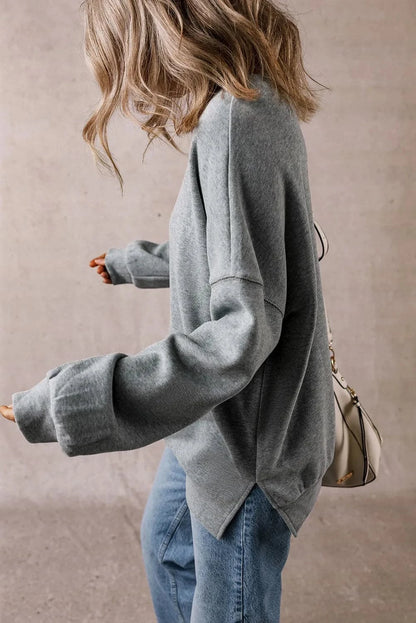 Slit Round Neck Long Sleeve Sweatshirt.