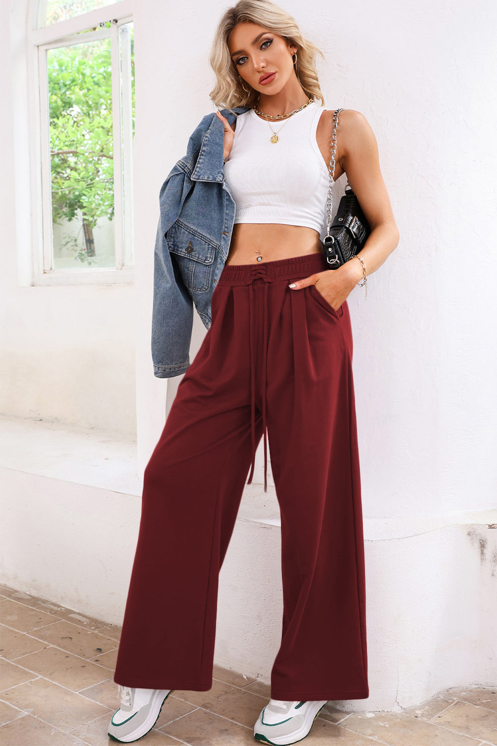 Burgundy Tied Elastic High Waist Pleated Detail Sweatpants For Women Dear-Lover Dropshipping