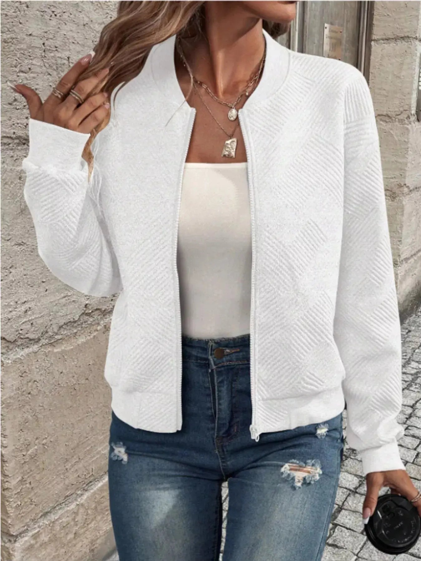Textured Knit Zip-Up Bomber Jacket Simply Love