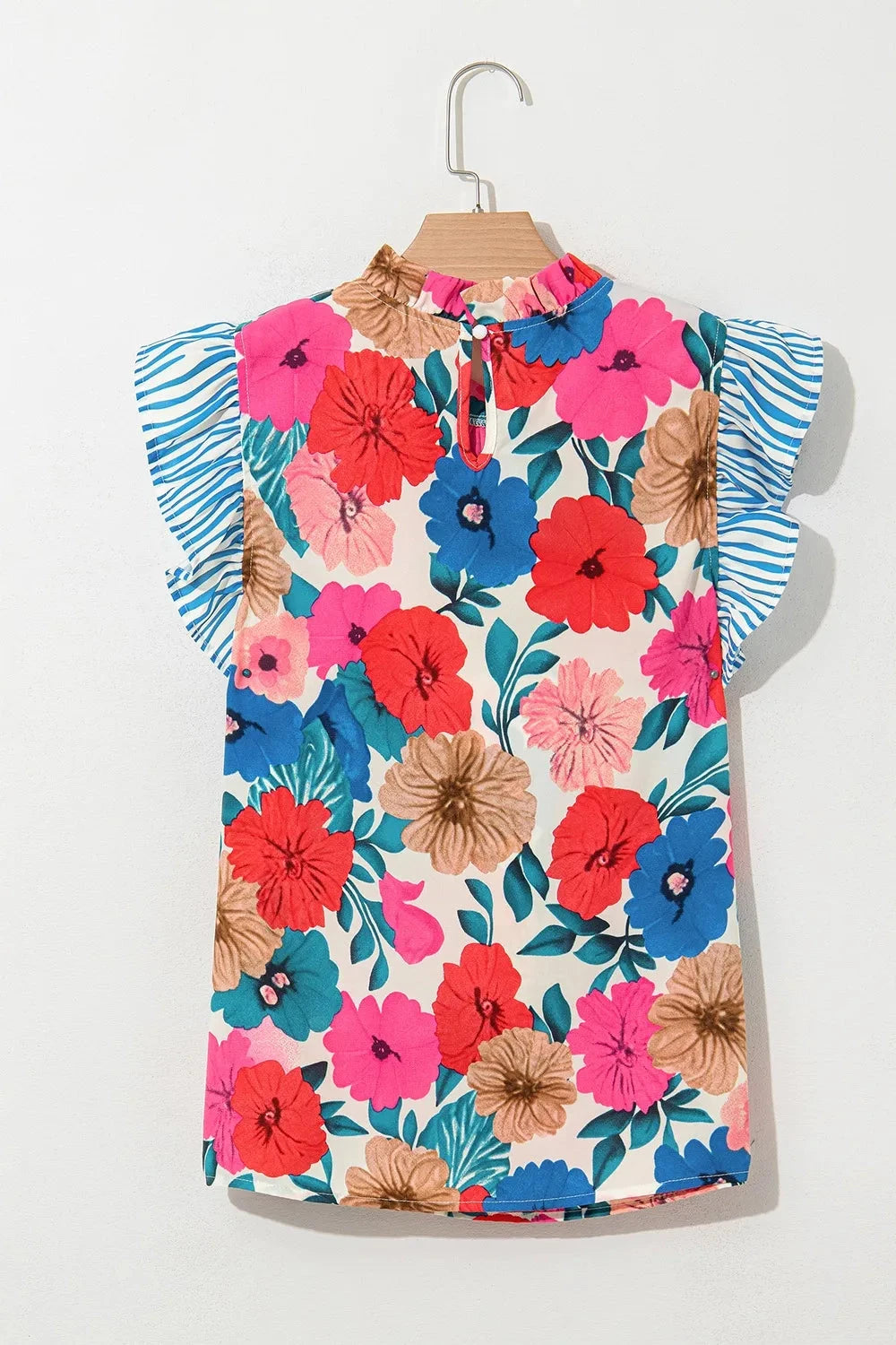 Floral Mock Neck Striped Cap Sleeve Blouse Simply Love