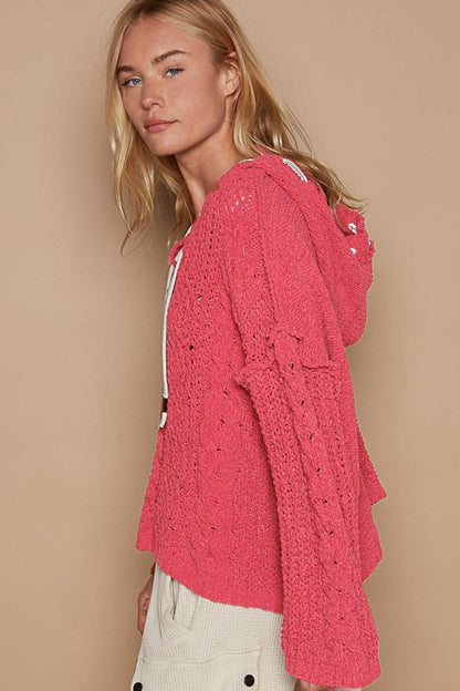 Cozy cable knit hooded sweater in luxurious chenille