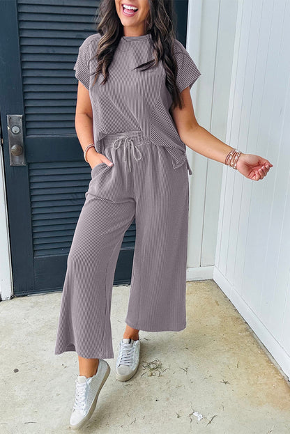 Wild Wind Solid Corded Knit Short Sleeve T Shirt Set