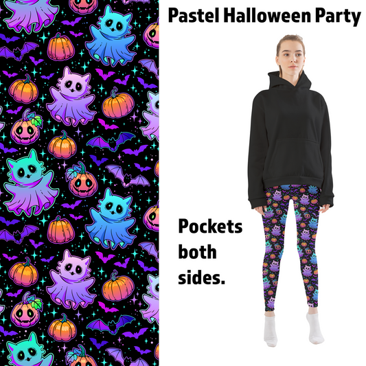 Pastel Halloween Party Cats, Ghosts, and Bats Leggings with Pockets MM