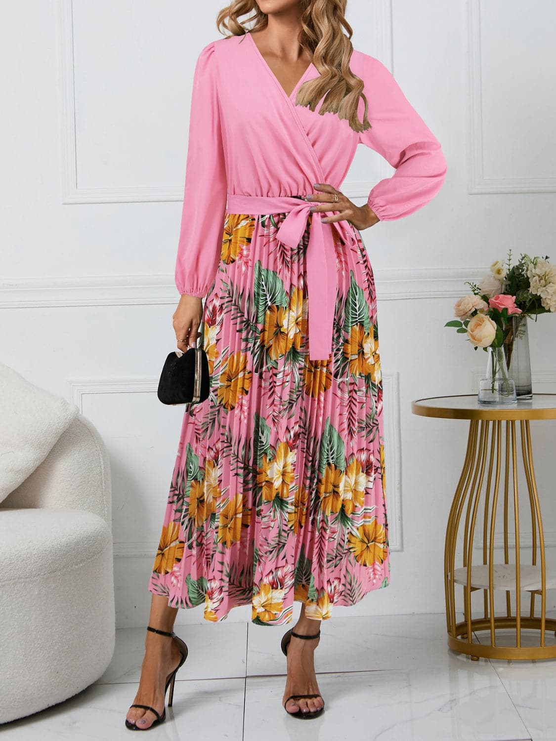 Pleated Printed Surplice Long Sleeve Dress.