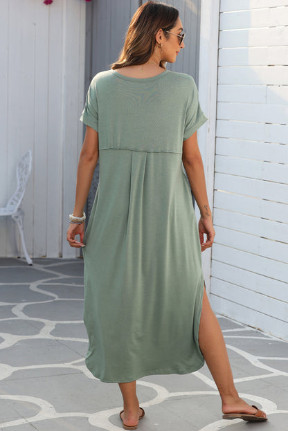 Grass Green V Neck Hidden Pocket Maxi T-shirt Dress