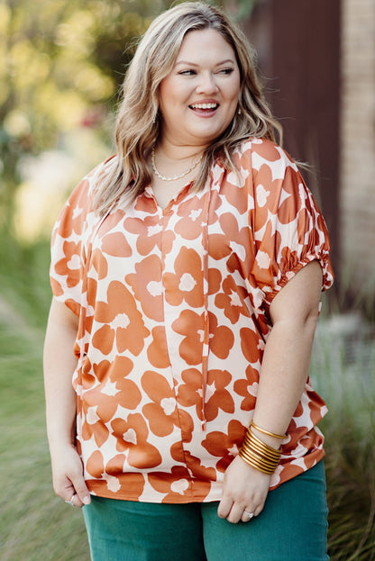 Floral Delight: Plus Size Orange V Neck Blouse with Drawstring Detail