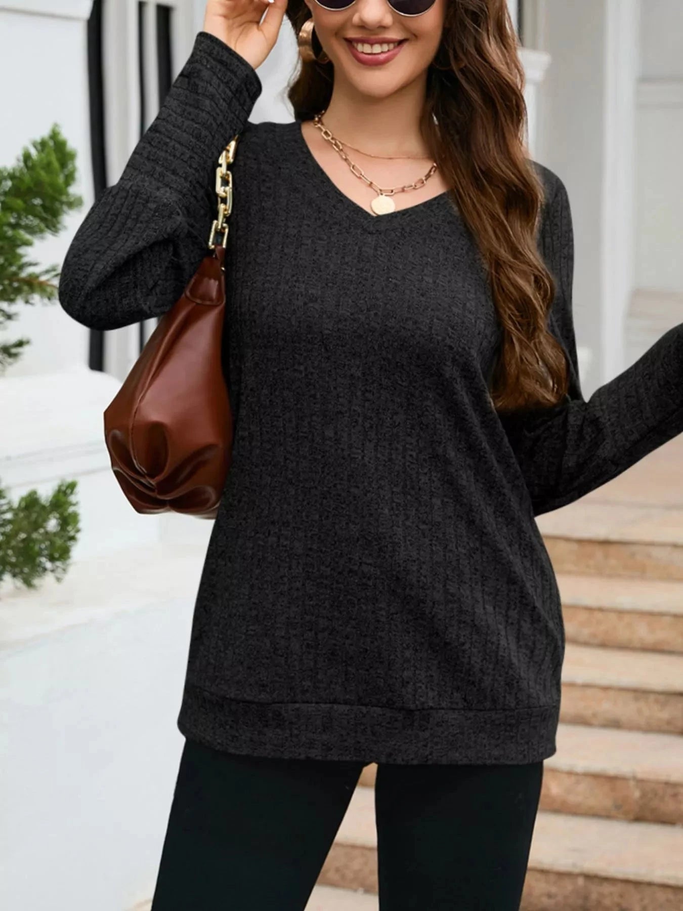 V-Neck Textured Knit Long Sleeve T-Shirt Simply Love