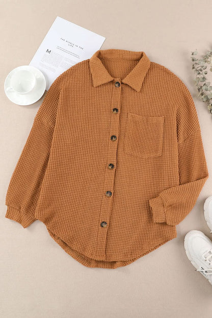 Collared Long Sleeve Waffle-Knit Shirt with Pocket