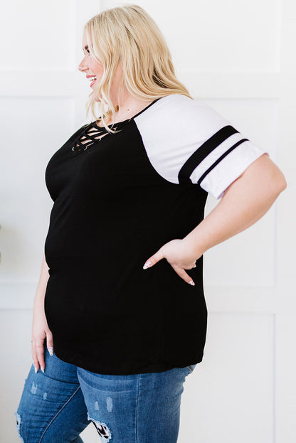 Chic black crisscross v-neck plus size tee with raglan sleeves