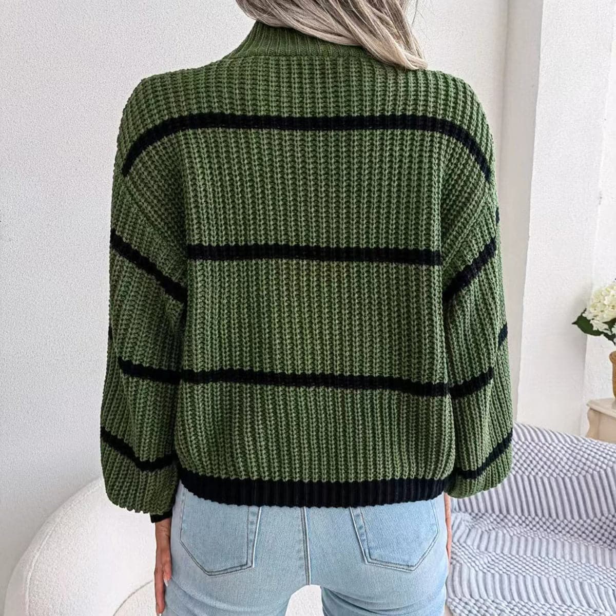 Striped Mock Neck Dropped Shoulder Sweater.