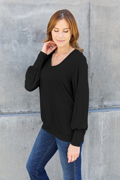 Basic Bae Full Size V-Neck Lantern Sleeve Top.