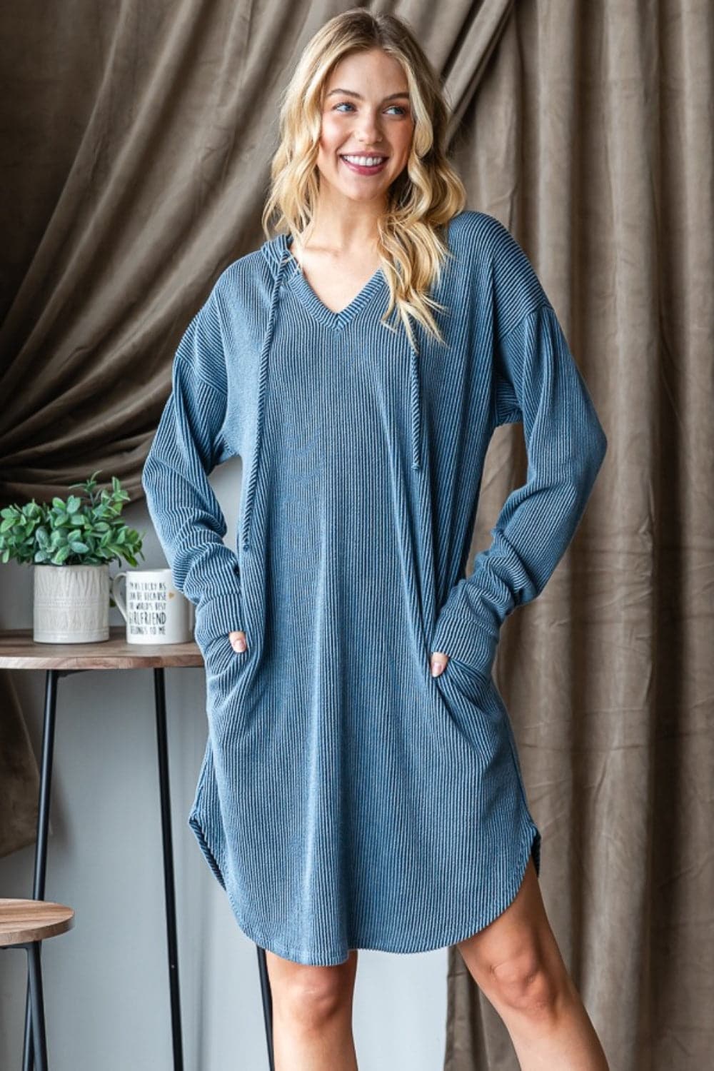 Heimish Ribbed Long Sleeve Hooded Dress.