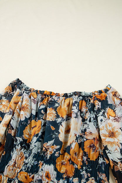 Premium Blue Floral Off Shoulder Bell Sleeve Smocked Peplum Top