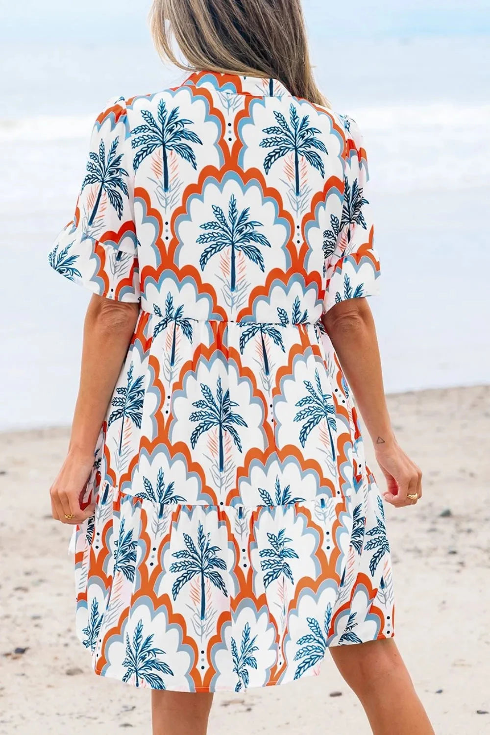 Contrast Palm Tree Printed Short Sleeve Flowy Dress Simply Love