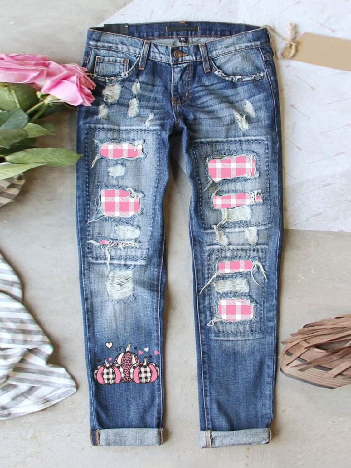 Distressed Printed Straight Jeans.