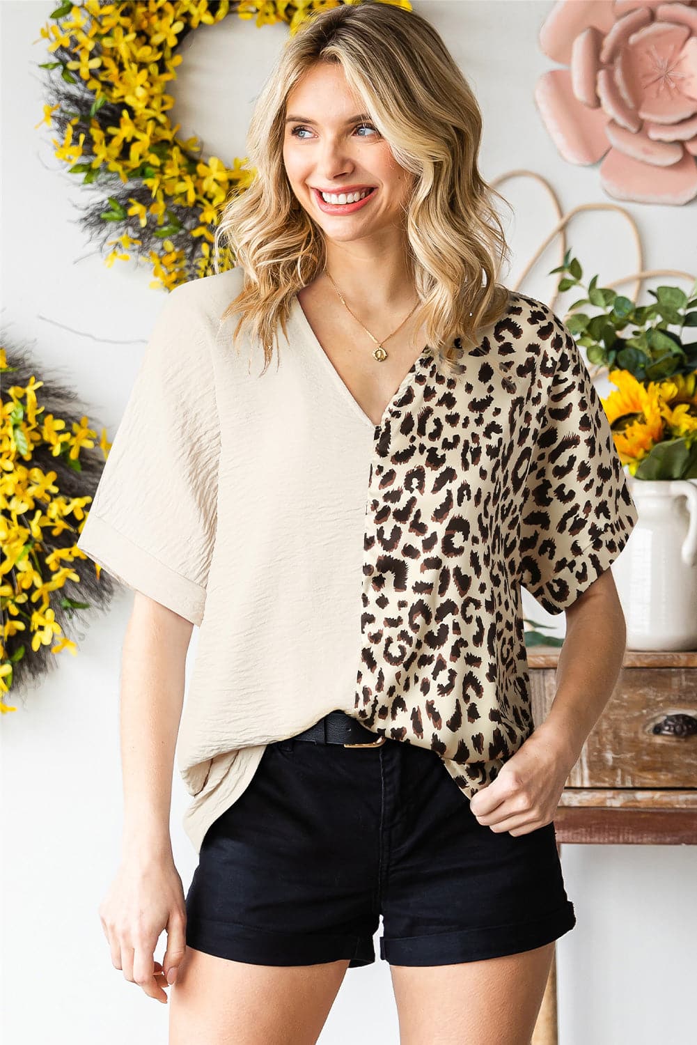 Leopard Color Block V-Neck Blouse.