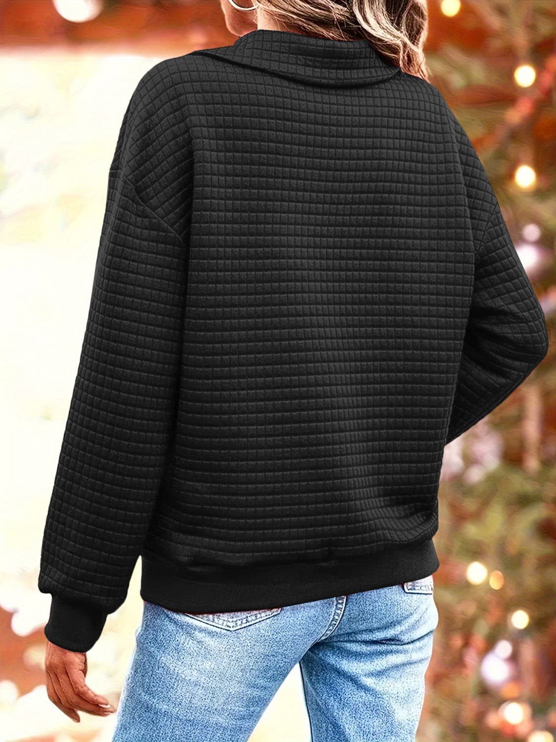 Waffle-Knit Collared Neck Long Sleeve Sweatshirt.