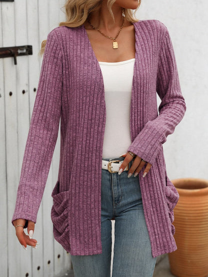 Open Front Long Sleeve Ribbed Cardigan.