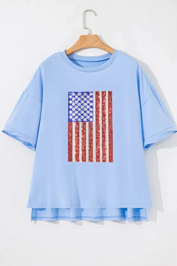 Sequined American Flag Dropped Shoulder T Shirt Simply Love