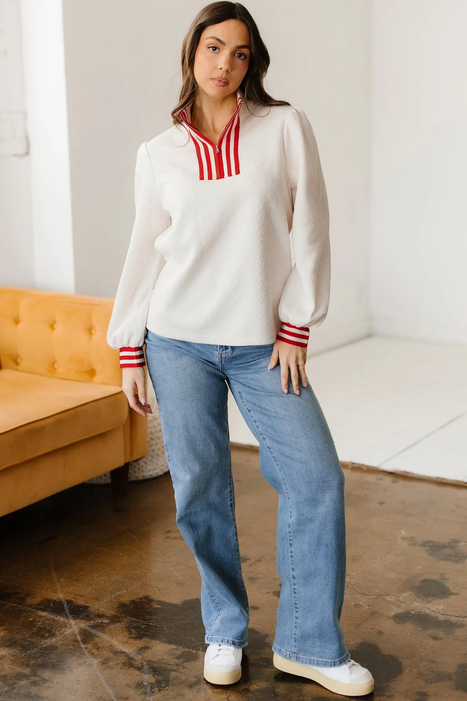White Textured Knit Zipped Collar Pullover With Striped Contrast Accent Dear-Lover Dropshipping