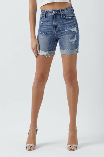 RISEN Full Size Distressed Rolled Denim Shorts with Pockets.