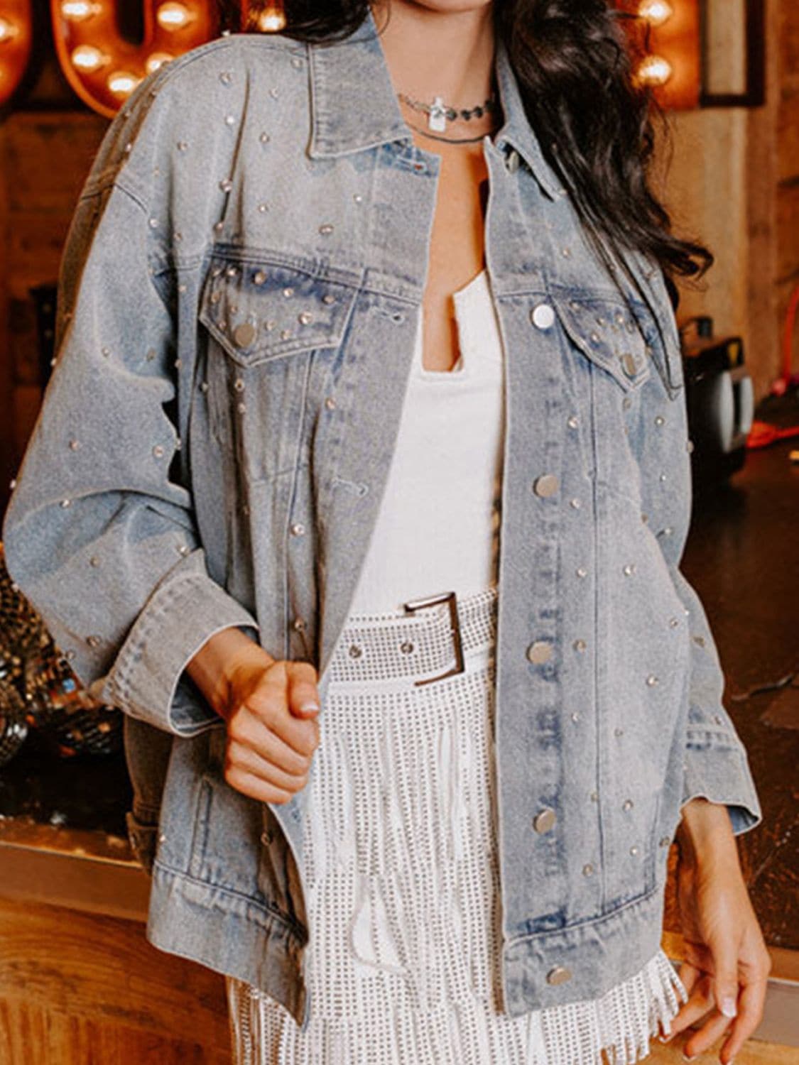 Rhinestone Detail Button Up Denim Jacket.