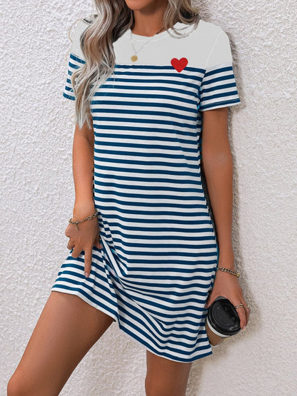 Striped Round Neck Short Sleeve Mini Tee Dress.