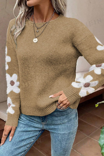 Flower Round Neck Long Sleeve Sweater.