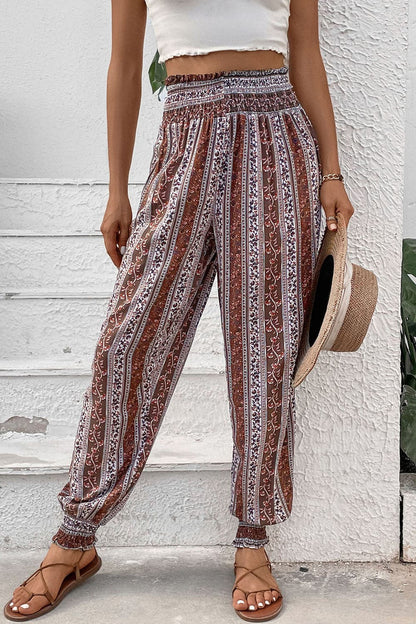 Smocked Printed High Waist Pants.