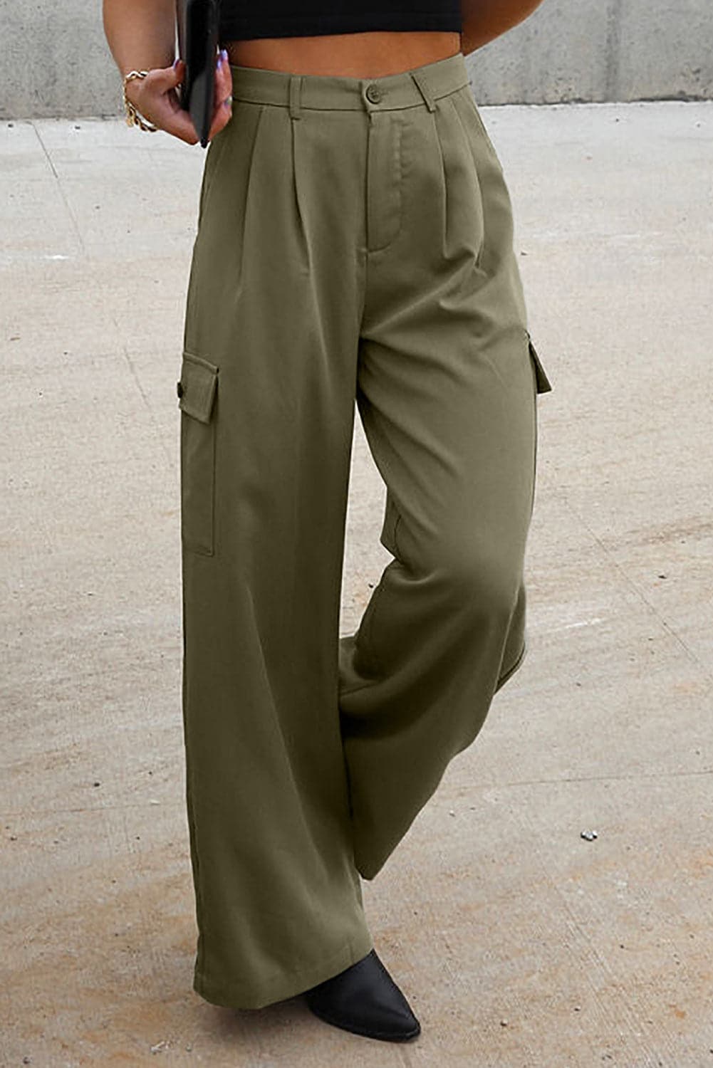 Ruched Wide Leg Pants with Pockets.