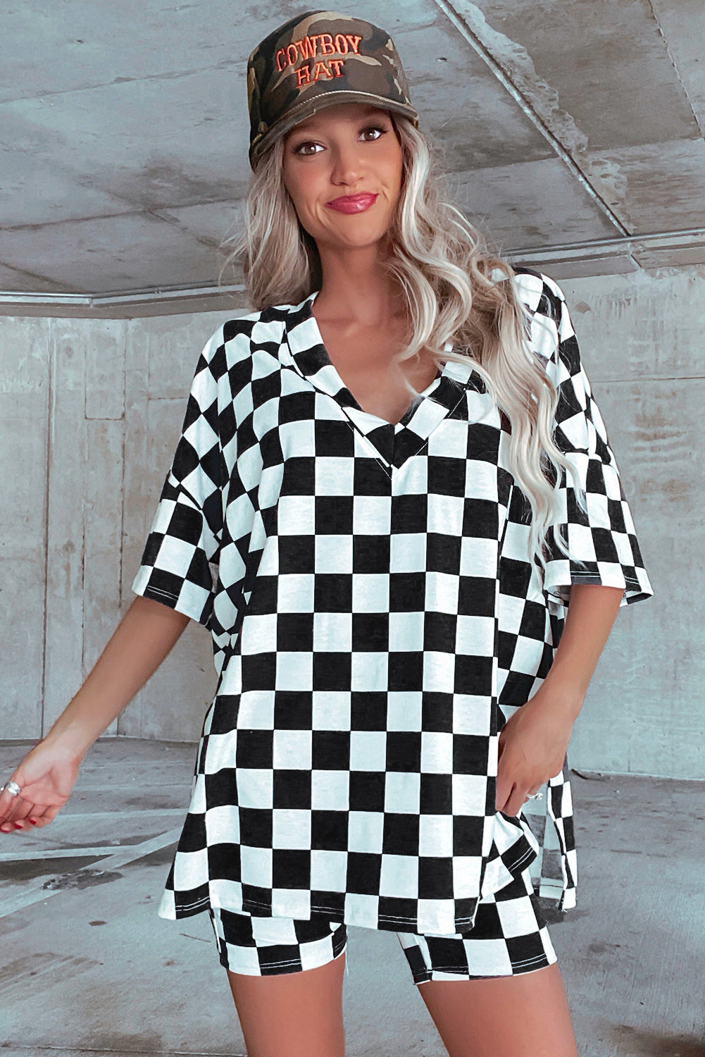 Black Checkerboard Print V Neck Loose Tee and Shorts Set