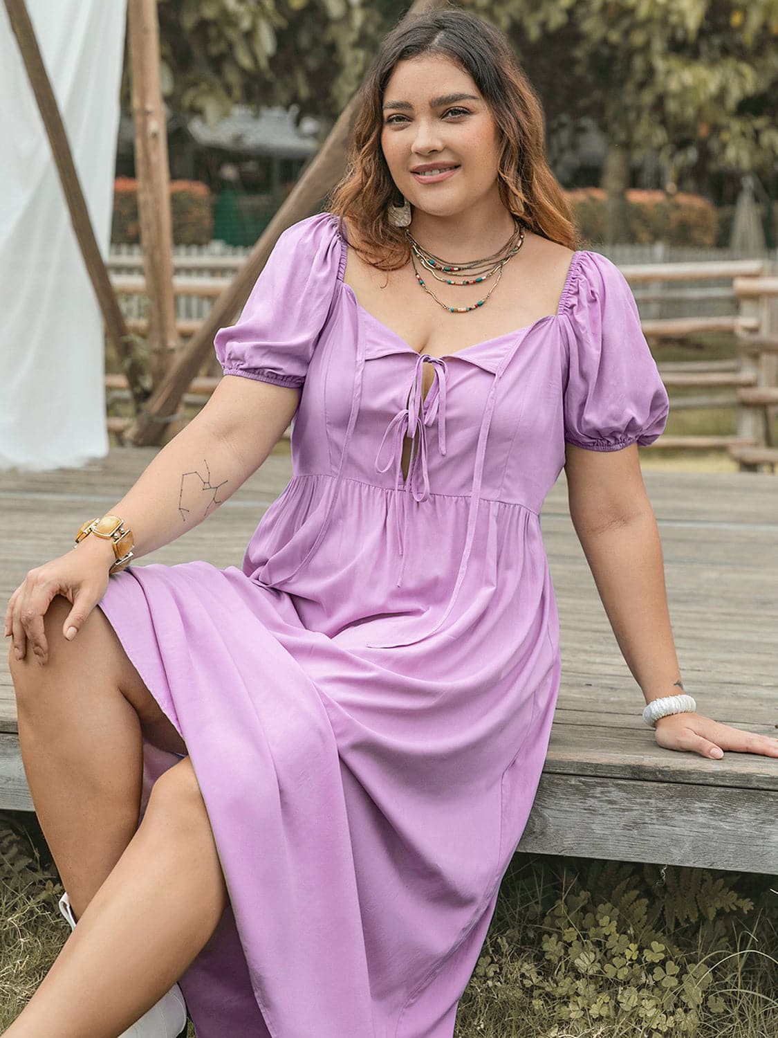 Plus Size Tie Neck Short Sleeve Dress.