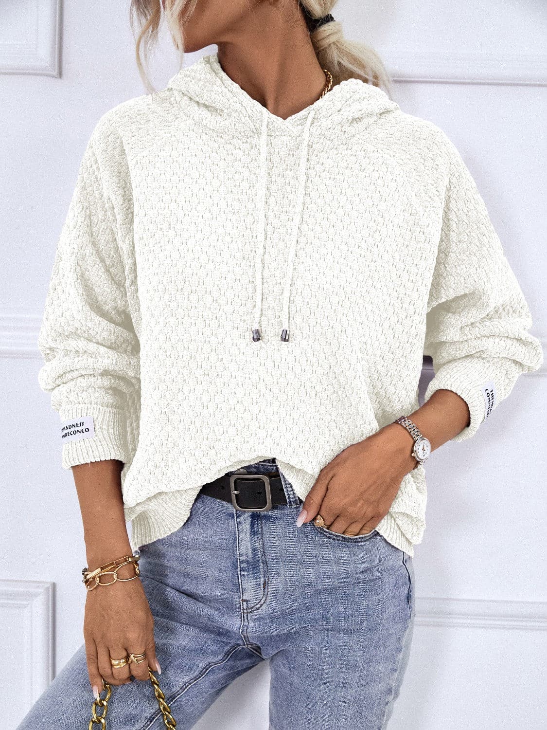 Texture Drawstring Long Sleeve Hooded Sweater.