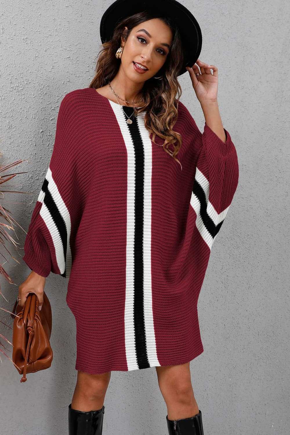 Ribbed Round Neck Long Sleeve Sweater Dress.