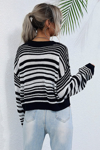 Striped Round Neck Dropped Shoulder Sweater.