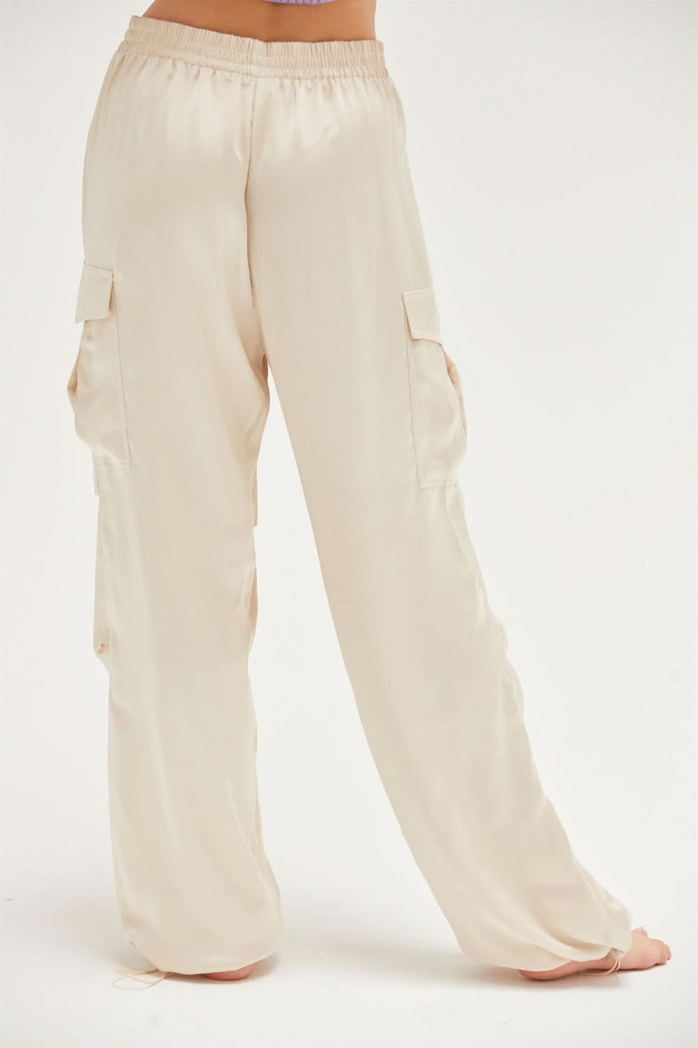 Satin Drawstring Cargo Pants with Elasticated Waist and Flap Pockets