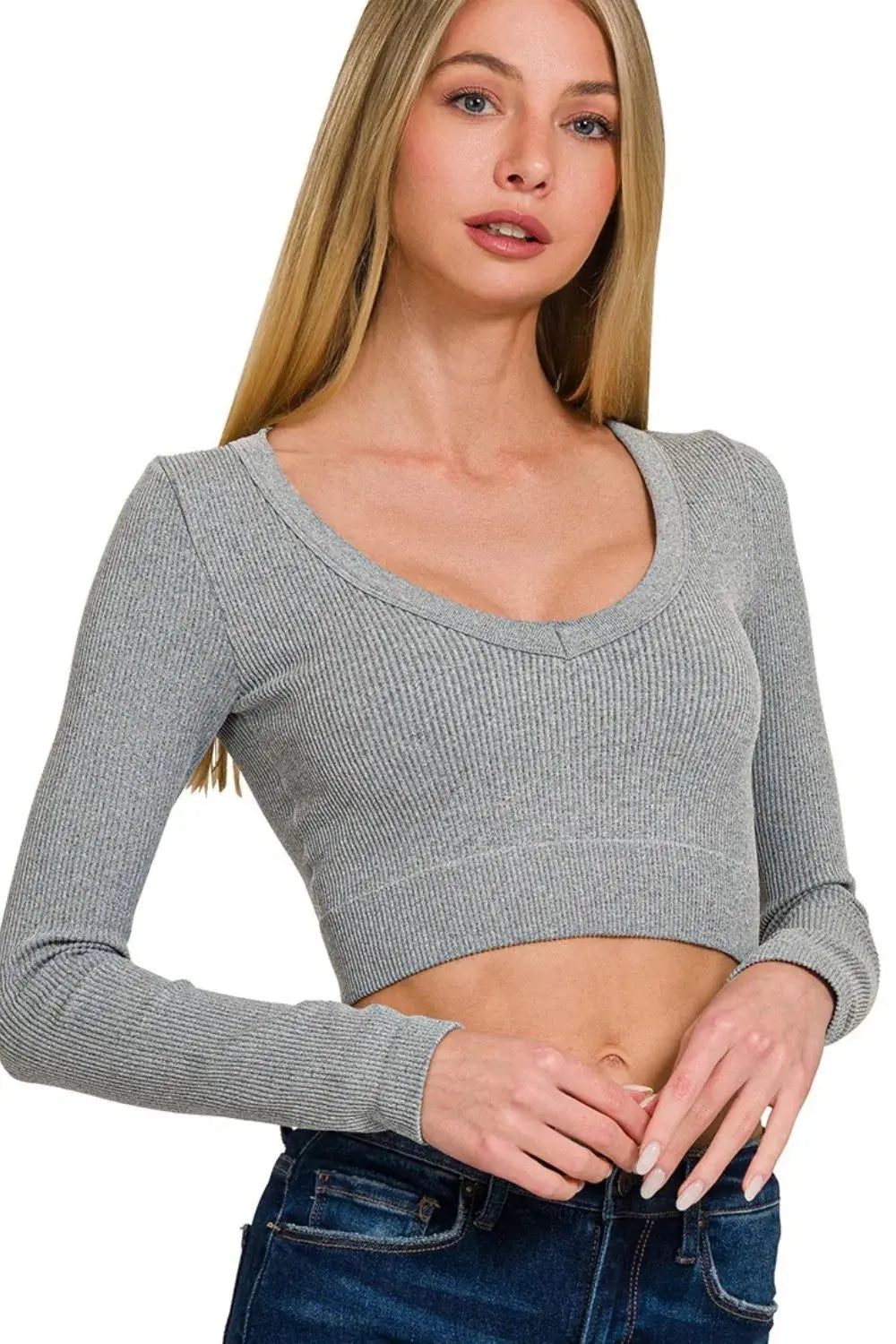 Zenana Seamless Fitted Rib V-neck Long Sleeve Crop Top - Love Salve 