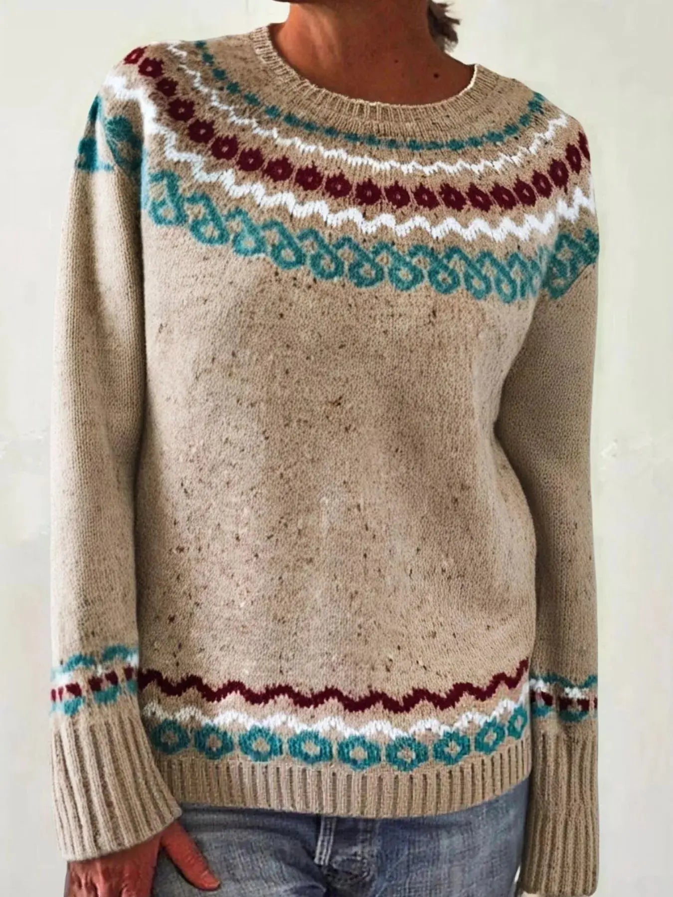 Full Size Vintage Patterned Round Neck Sweater Plus Size Simply Love