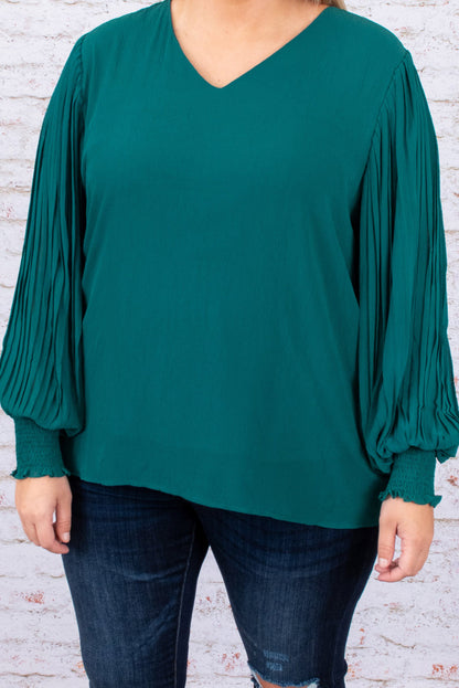 Chic green pleated bubble sleeve blouse for plus sizes