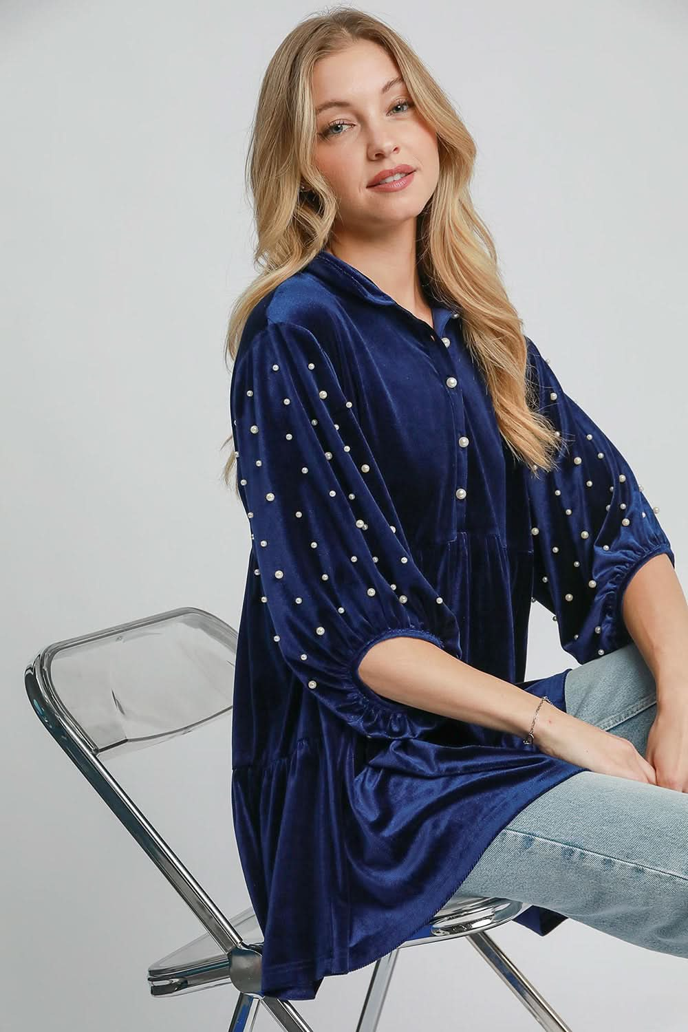 Velvet Babydoll Blouse with Pearl-Embellished Collar