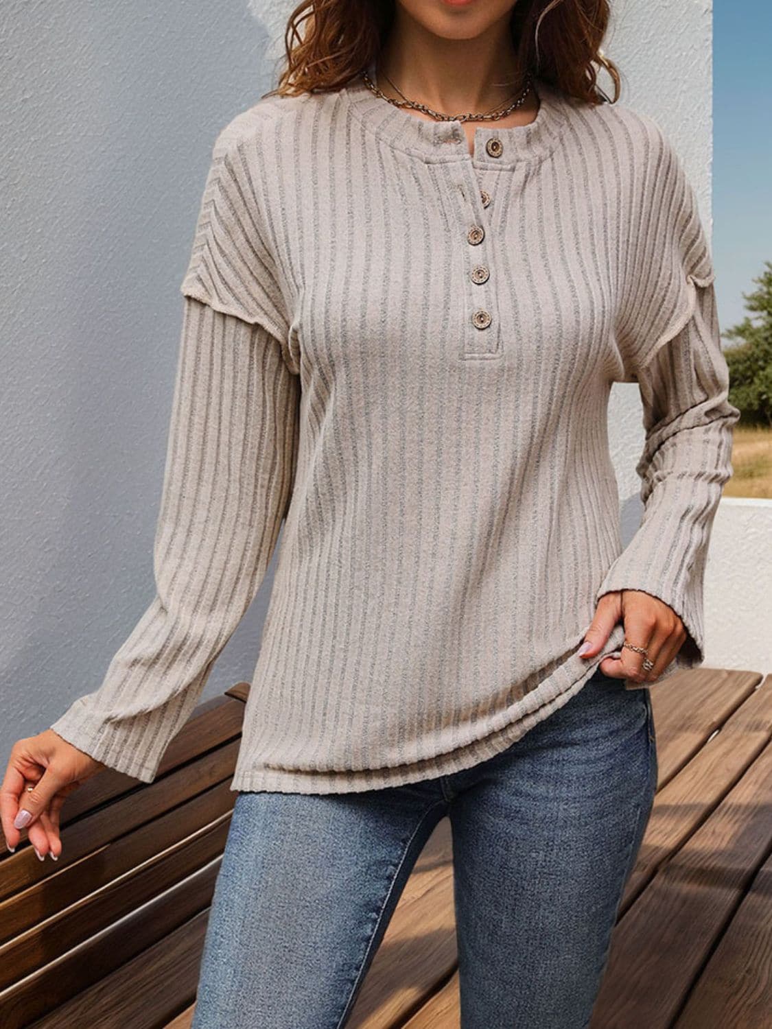 Slit Half Button Long Sleeve T-Shirt.