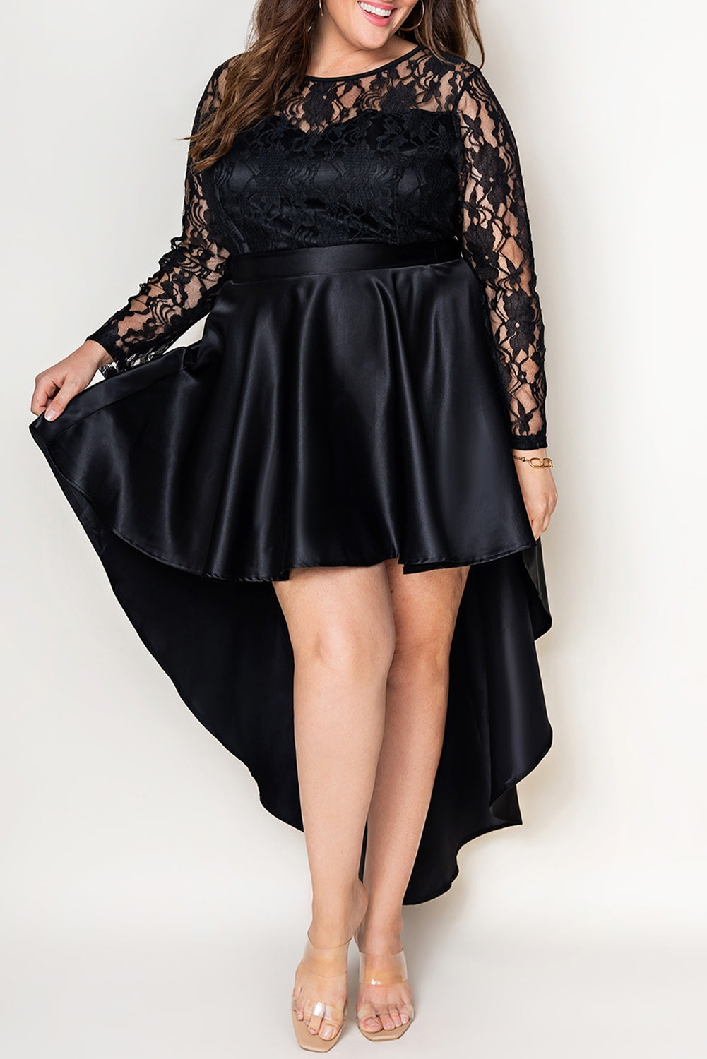 Elegant black plus size satin dress with sheer lace accents