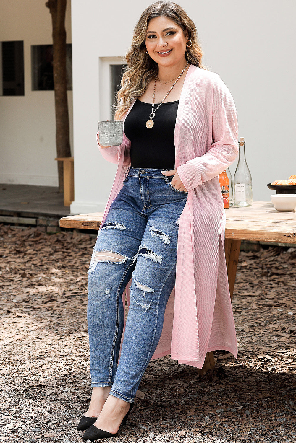 Chic pink plus size sheer cardigan