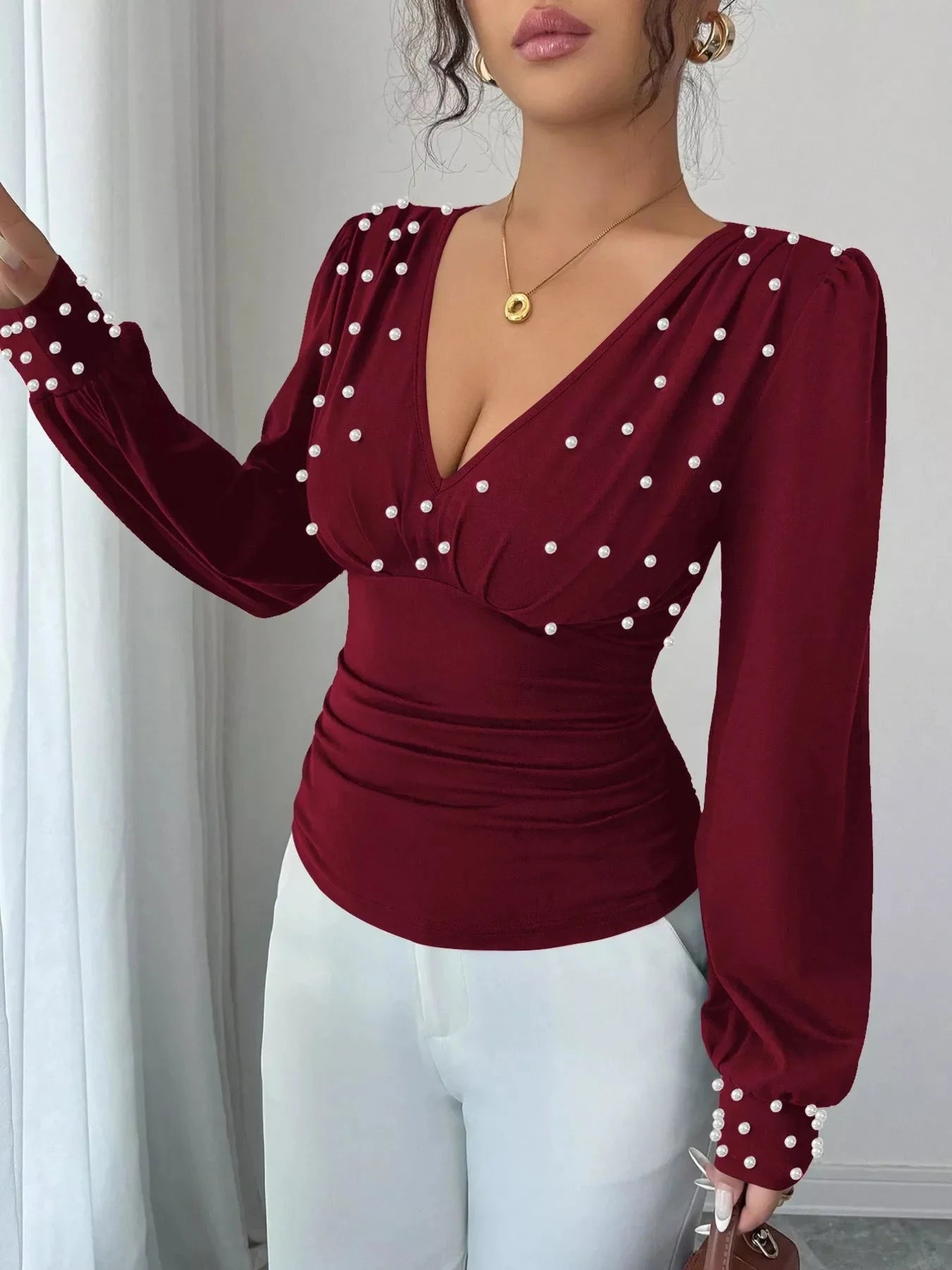 Burgundy Pearl Embellished Ruched V Neck Blouse With Long Sleeves Simply Love