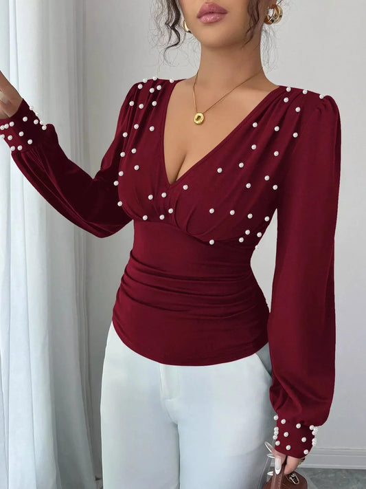 Burgundy Pearl Embellished Ruched V Neck Blouse With Long Sleeves Simply Love