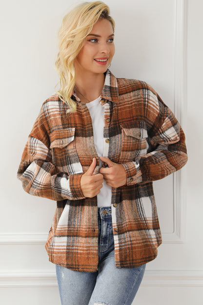 Chic brown plaid shacket with flap pockets