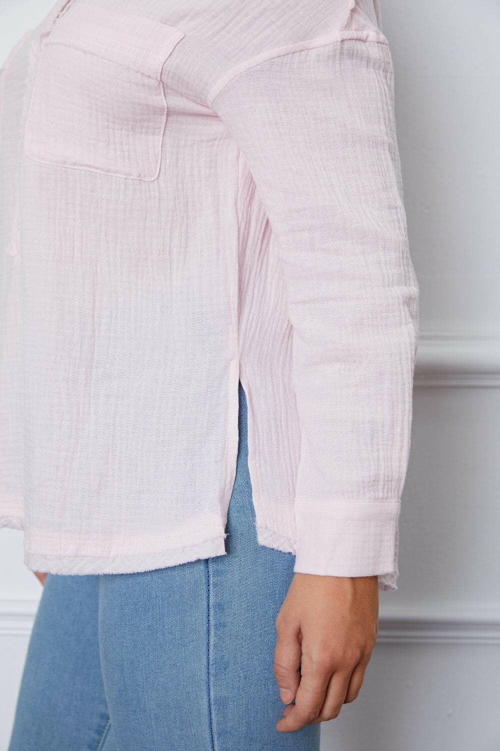 Texture Half Button Raw Hem Top.